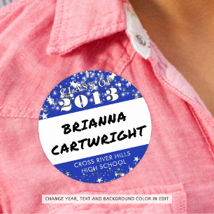 Sticker Rond Classe Réunion Royal Blue Silver Stars Nom Tags