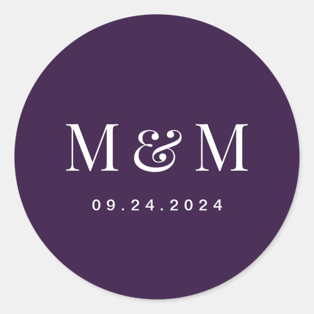 Sticker Rond Classic Dark Purple Monogram Typography Wedding (Devant)