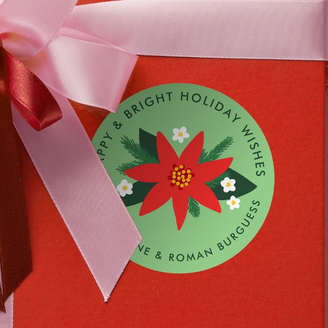 Sticker Rond Classic Green Poinsettia cadeau de Noël (mint green modern poinsettia custom text  Christmas gift sticker)