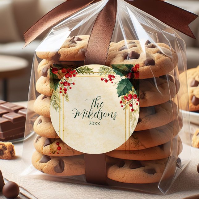 Sticker Rond Classic Holly Berry fête de Noël (Créateur téléchargé)