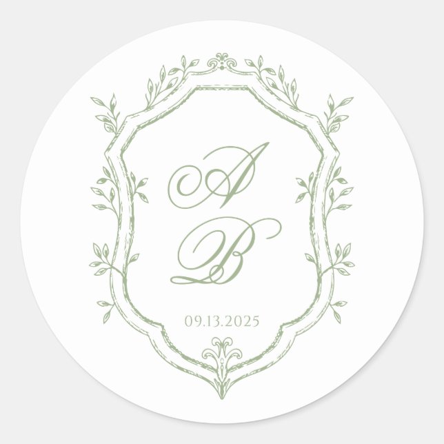 Sticker Rond Classic Sage Green Floral Monogram Crest Wedding (Devant)