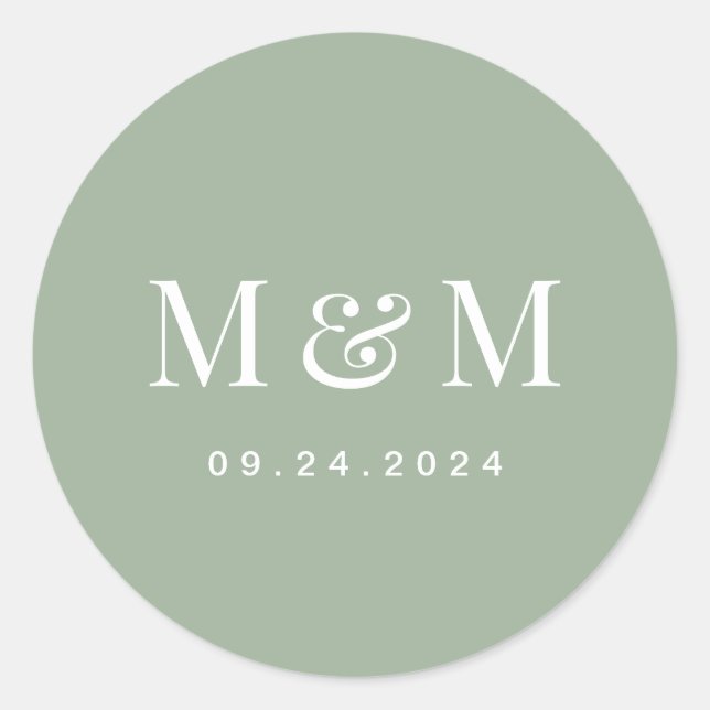 Sticker Rond Classic Sage Green Monogram Typography Wedding (Devant)