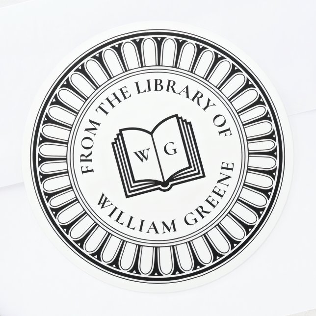 Sticker Rond Classical Open Book Monogram Ex Libris Bookplate (Créateur téléchargé)