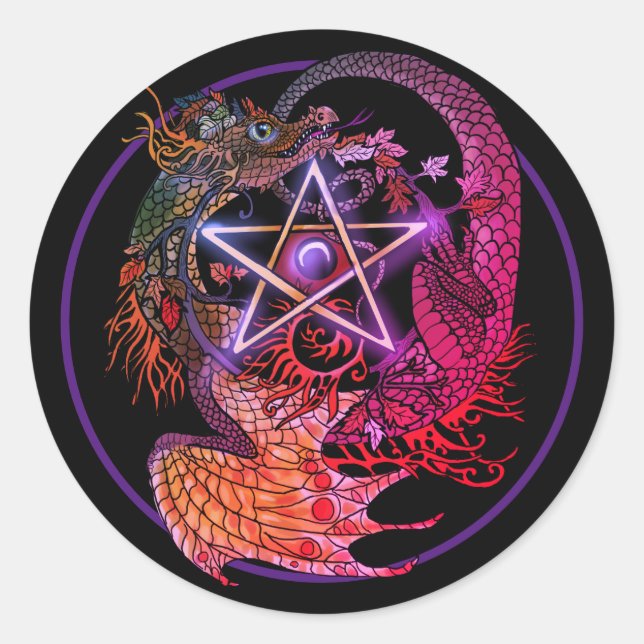 Sticker rond classique Art Nouveau pentacle dragon (Devant)