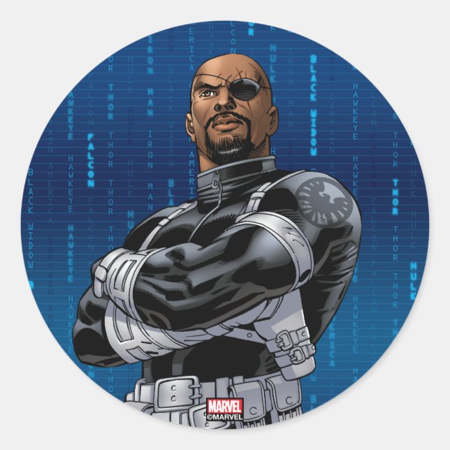 Sticker Rond Classique Avengers | Nick Fury Bras Croisés (Devant)