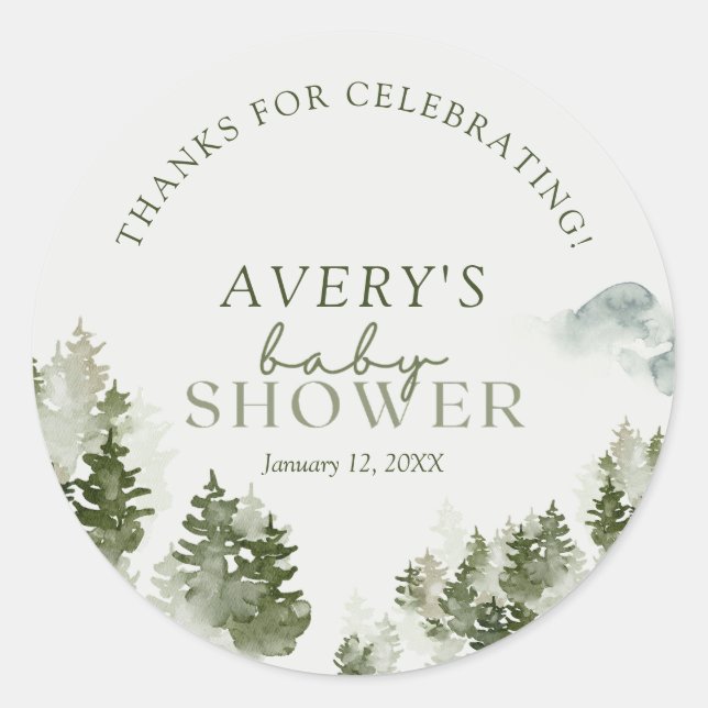 Sticker rond classique Baby shower bois d'hiver (Devant)