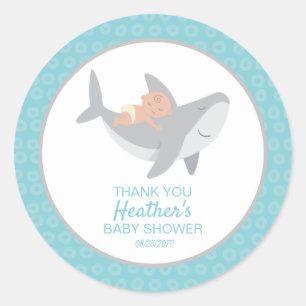 Sticker rond classique Baby shower de requin doux
