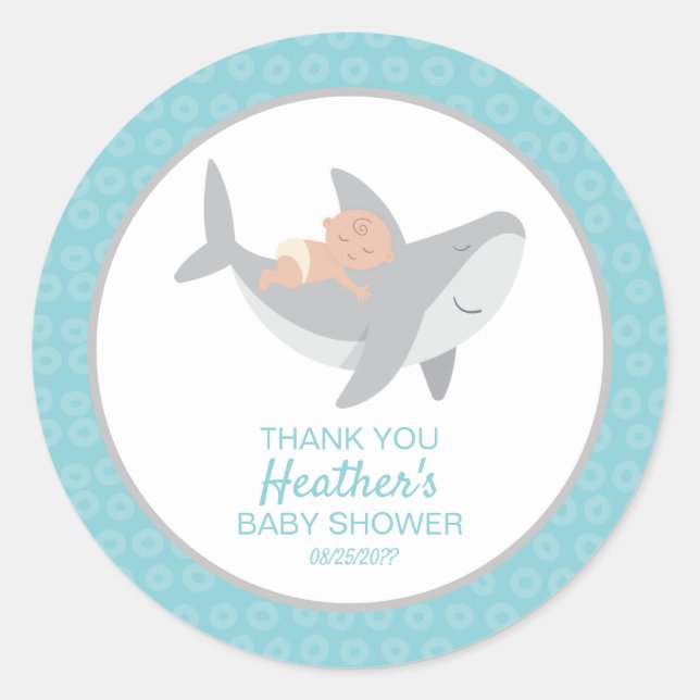 Sticker rond classique Baby shower de requin doux (Devant)