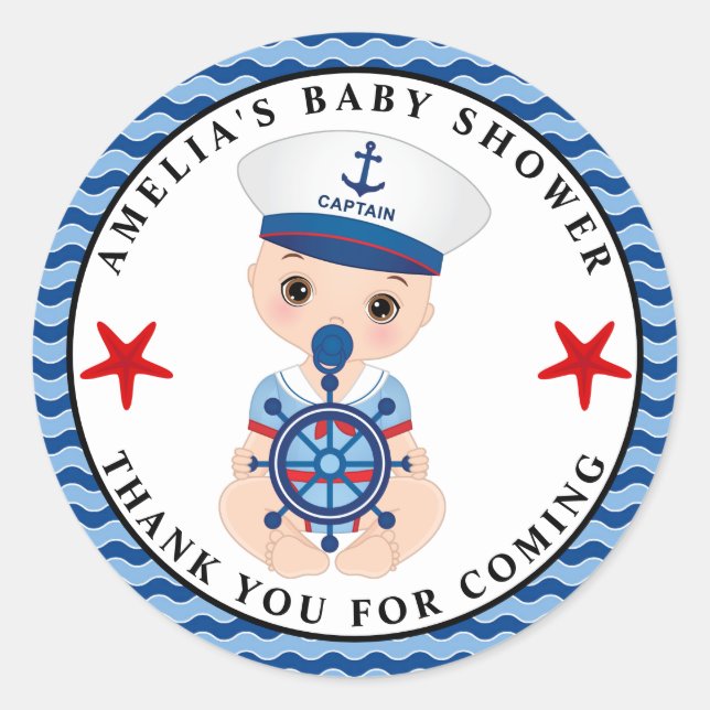 Sticker rond classique Baby shower nautique (Devant)