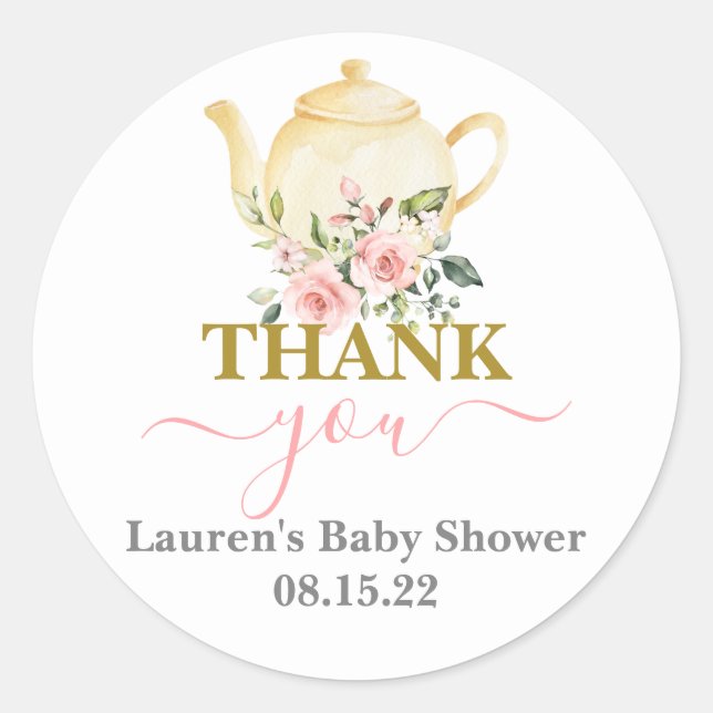 Sticker rond classique Baby shower théière (Devant)