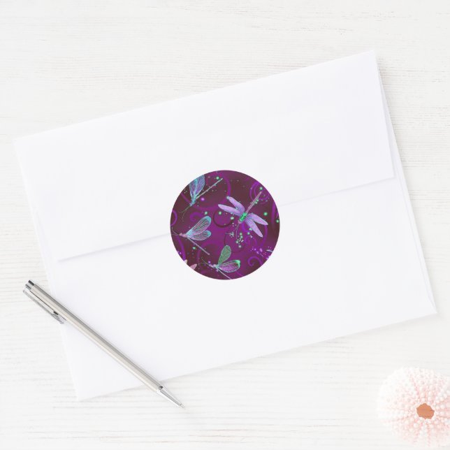Sticker rond classique Dragonfly Purple Dreams (Enveloppe)