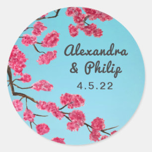 Sticker rond classique en fleurs de cerise romanti