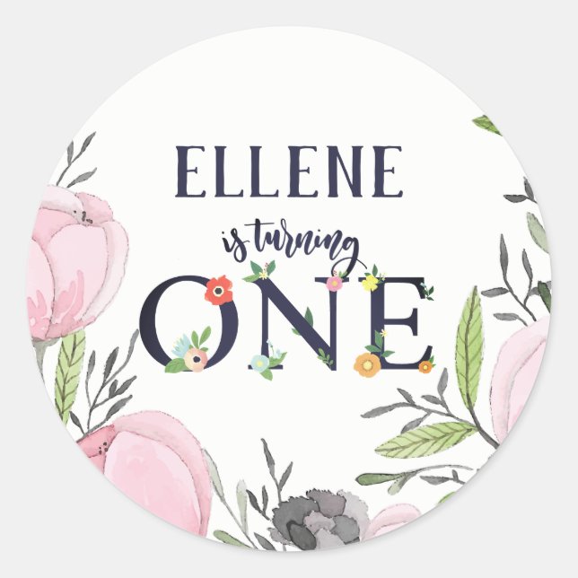 Sticker rond classique Flower First Birthday Party (Devant)