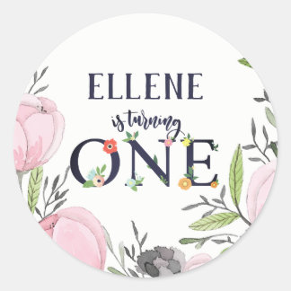 Sticker rond classique Flower First Birthday Party