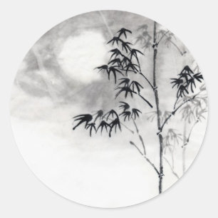 Sticker Rond classique japonais sumi-e peinture art bambou lune