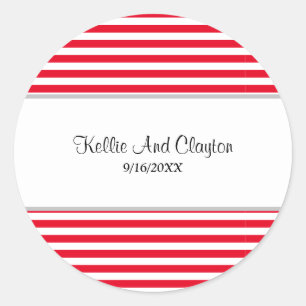 Sticker rond classique Mariage à rayures rouges/bl