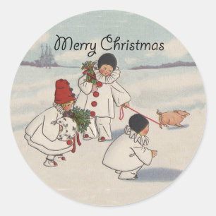 Sticker Rond Classique Vintage Noël Enfant de neige