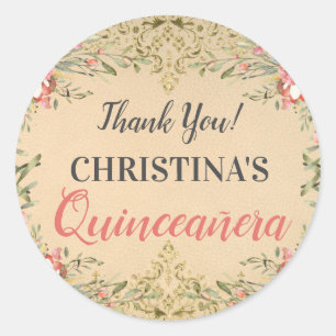 Sticker Rond Classique Vintage or Floral Quinceanera Merci