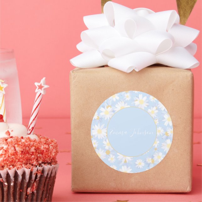 Sticker Rond Classy Blue White Daisy Flowers (Fête)