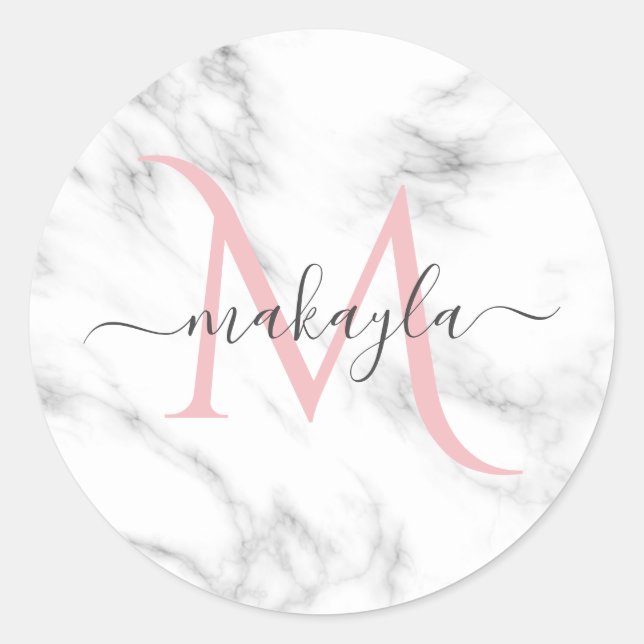 Sticker Rond Classy Girly Marble de luxe Design Nom Monogramme (Devant)