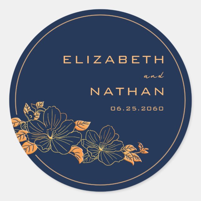 Sticker Rond Classy Gold Floral Marine Blue Foliage Mariage (Devant)