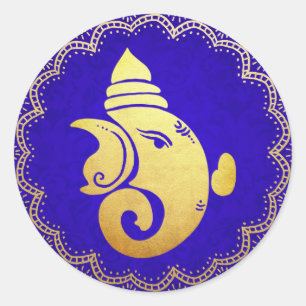 Sticker Rond Classy Gold Ganapati Indian Hindu God Blue