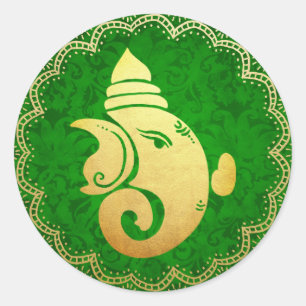 Sticker Rond Classy Gold Ganapati Indian Hindu God Green