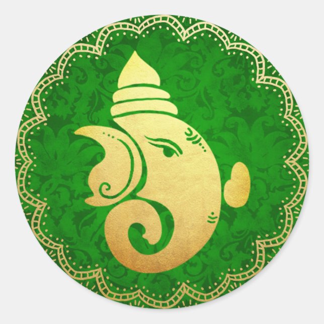 Sticker Rond Classy Gold Ganapati Indian Hindu God Green (Devant)