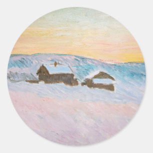 Sticker Rond Claude Monet - Norvège Paysage, Maisons Bleues