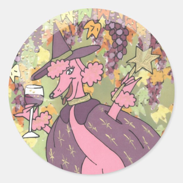 Sticker Rond Claudette le Poodle Rose, Enchanteuse du Vin Rouge (Devant)
