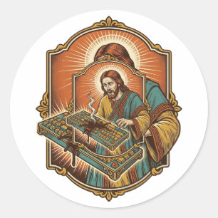 Sticker Rond Clavier mécanique Jésus café renversé cassé techno