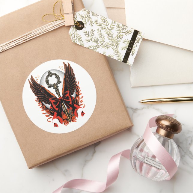 Sticker Rond Clé de fond en velours gothique avec ailes et lune (Cadeaux)