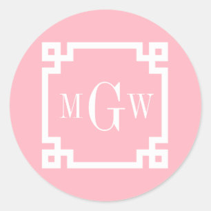 Sticker Rond Clé Grecque Blanc Rose #2 encadrée 3 pouces Monogr