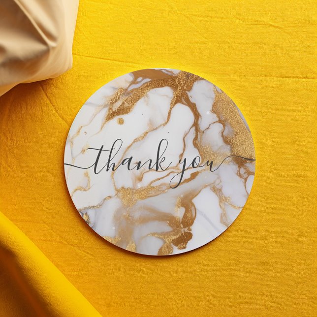 Sticker Rond Client en marbre blanc et or merci (White and gold marble thank you script sticker.)