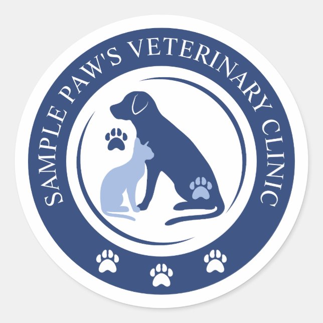 Sticker Rond Clinique Vétérinaire Bleue Logo Et Texte Personnal (Devant)