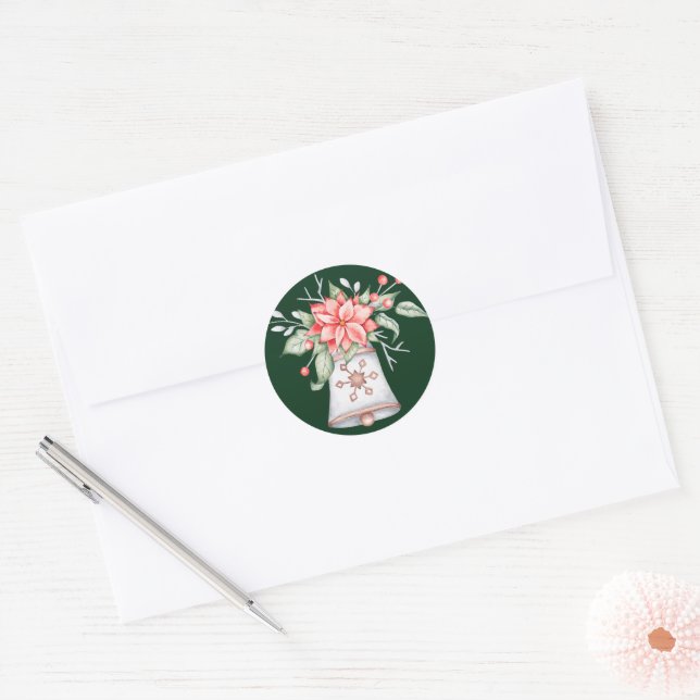 Sticker Rond Cloche de Noël Pastel avec poinsettia (Enveloppe)