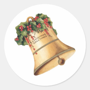 Sticker Rond Cloches d'or de Noël Vintage, Bonnes Fêtes