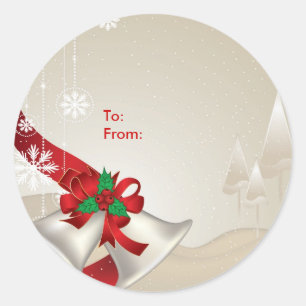 Sticker Rond Cloches et rubans de Noël sur le beige -Tags cadea
