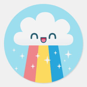 Sticker Rond Cloud arc-en-ciel mignon et excité avec étincelles