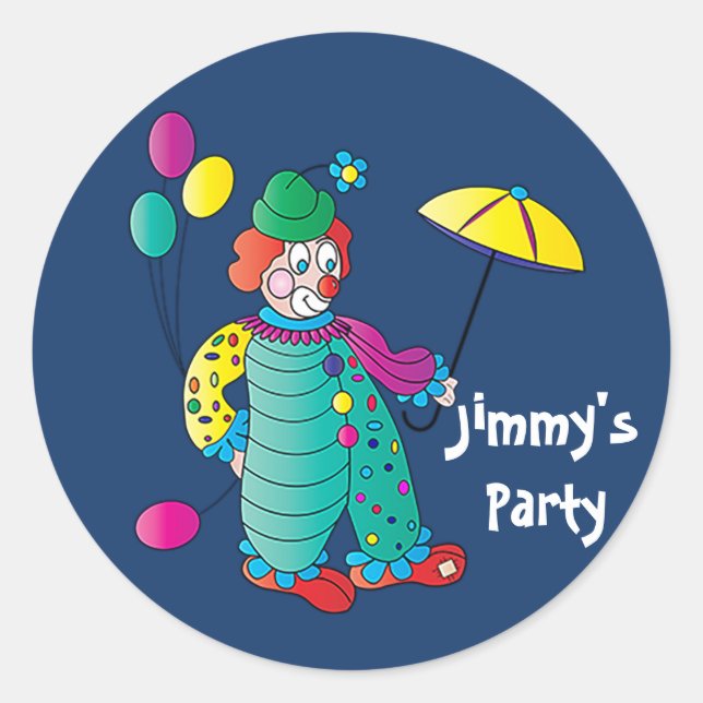 Sticker Rond Clown avec ballons et parapluies et nom Insérer (Devant)