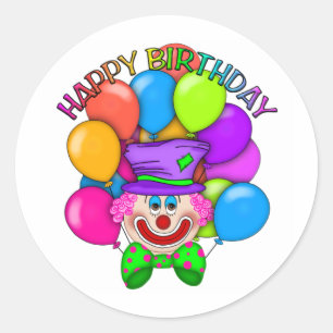 Sticker Rond Clown et ballons de joyeux anniversaire