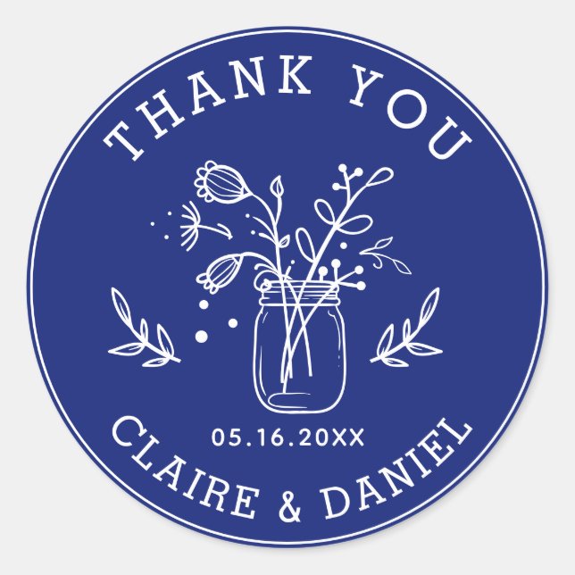 Sticker Rond Cobalt Blue Wedding Thank You Mason Jar Flowers  (Devant)