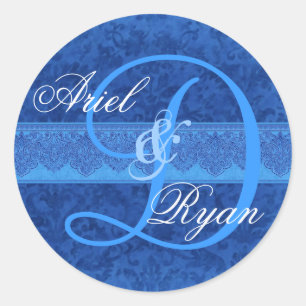 Sticker Rond Cobalt et Sky Blue Mariage damassé Monogramme V2