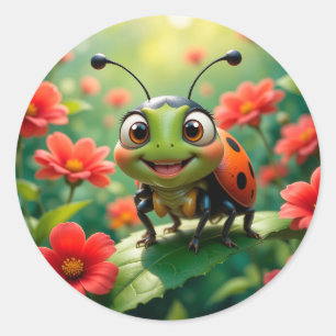 Sticker Rond Coccinelle de dessin animé adorable sur une feuill