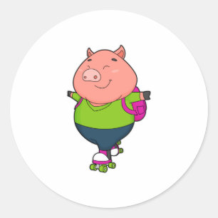 Sticker Rond Cochon à Patinage en ligne avec patins à rouleaux