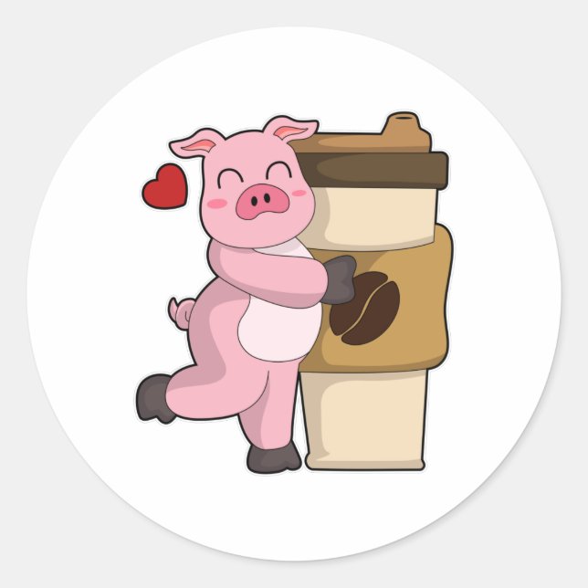Sticker Rond Cochon avec café pour aller (Devant)