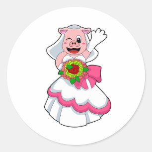 Sticker Rond Cochon avec robe Mariage & Bunch of Flowers