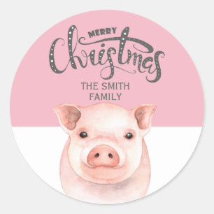 Sticker Rond Cochon blanc rose Joyeux Noël Nom de famille