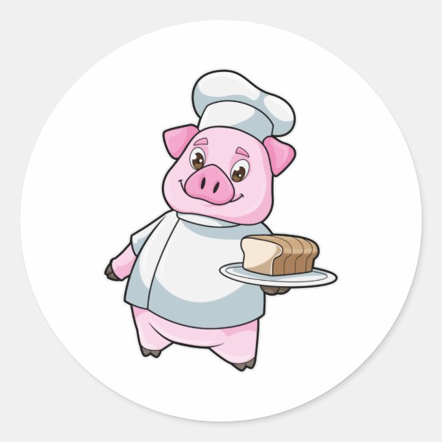 Sticker Rond Cochon comme chef avec Plateau et Cake (Devant)