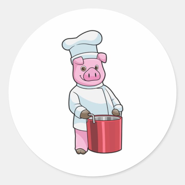 Sticker Rond Cochon comme cuire avec pot de Cuisine (Devant)